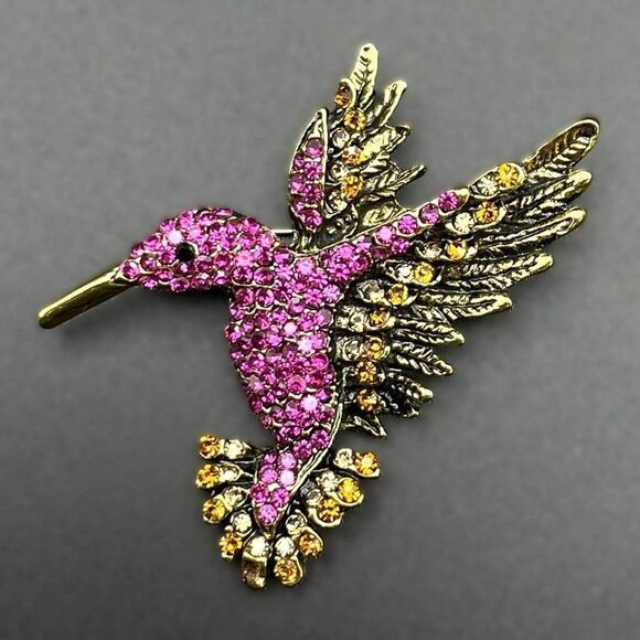 Yellow Gold with Fuchsia and Topaz Crystal Flying Hummingbird Pin Back Brooch - Picture 1 of 7